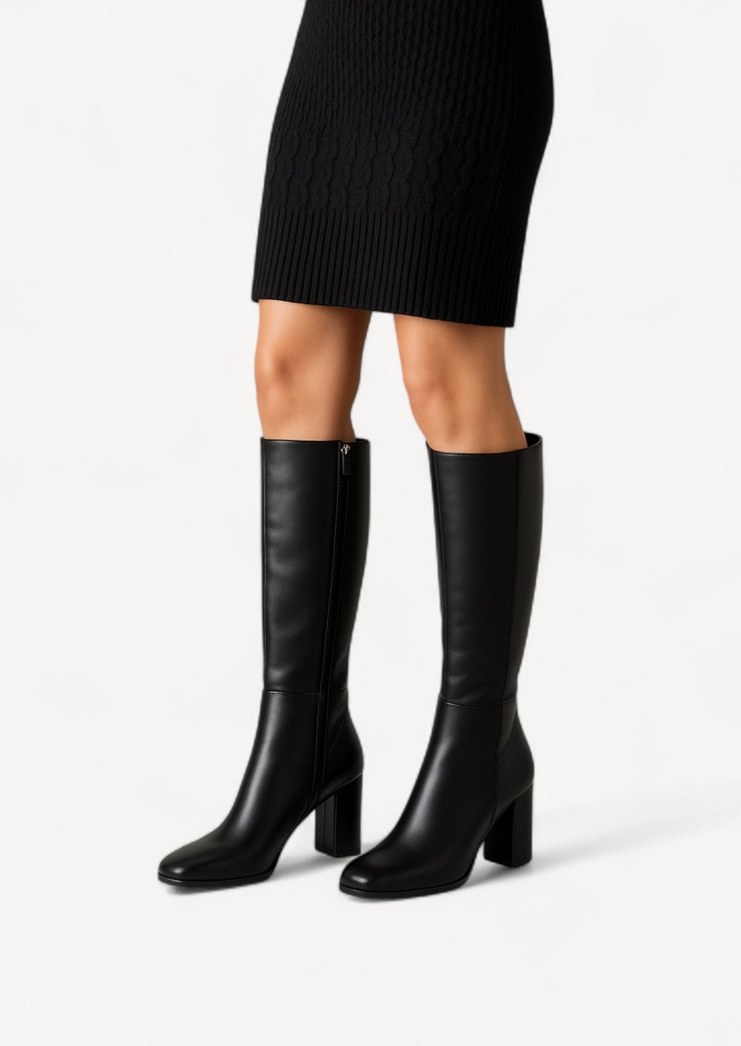 Women's Knee-High Leather Boots – Block Heel, Side-Zip Design