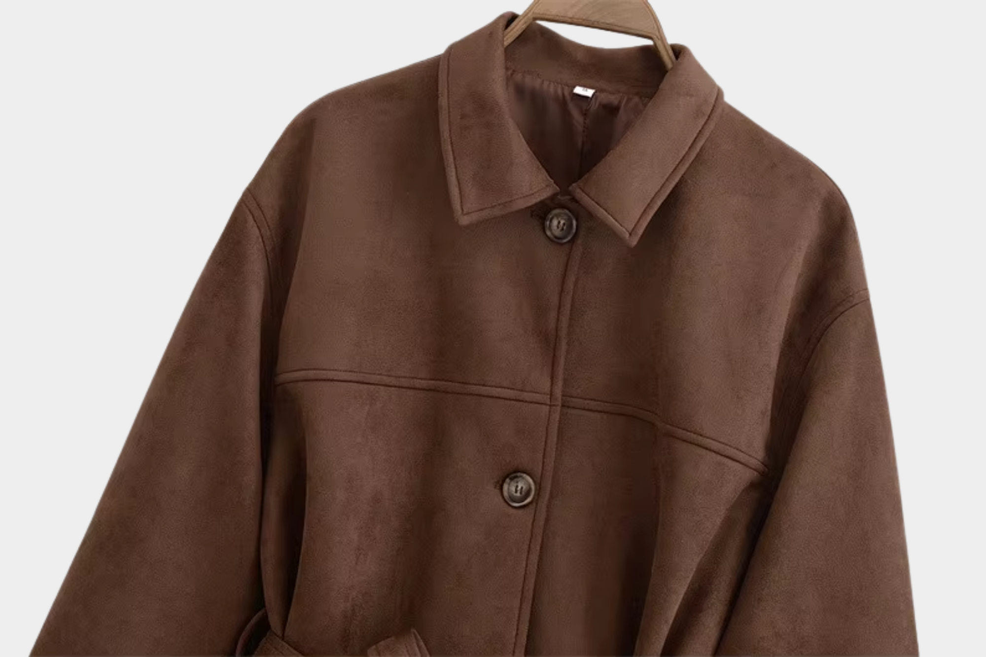 Women's Dark Brown Suede Belted Jacket – Button-Down Waist Tie Design