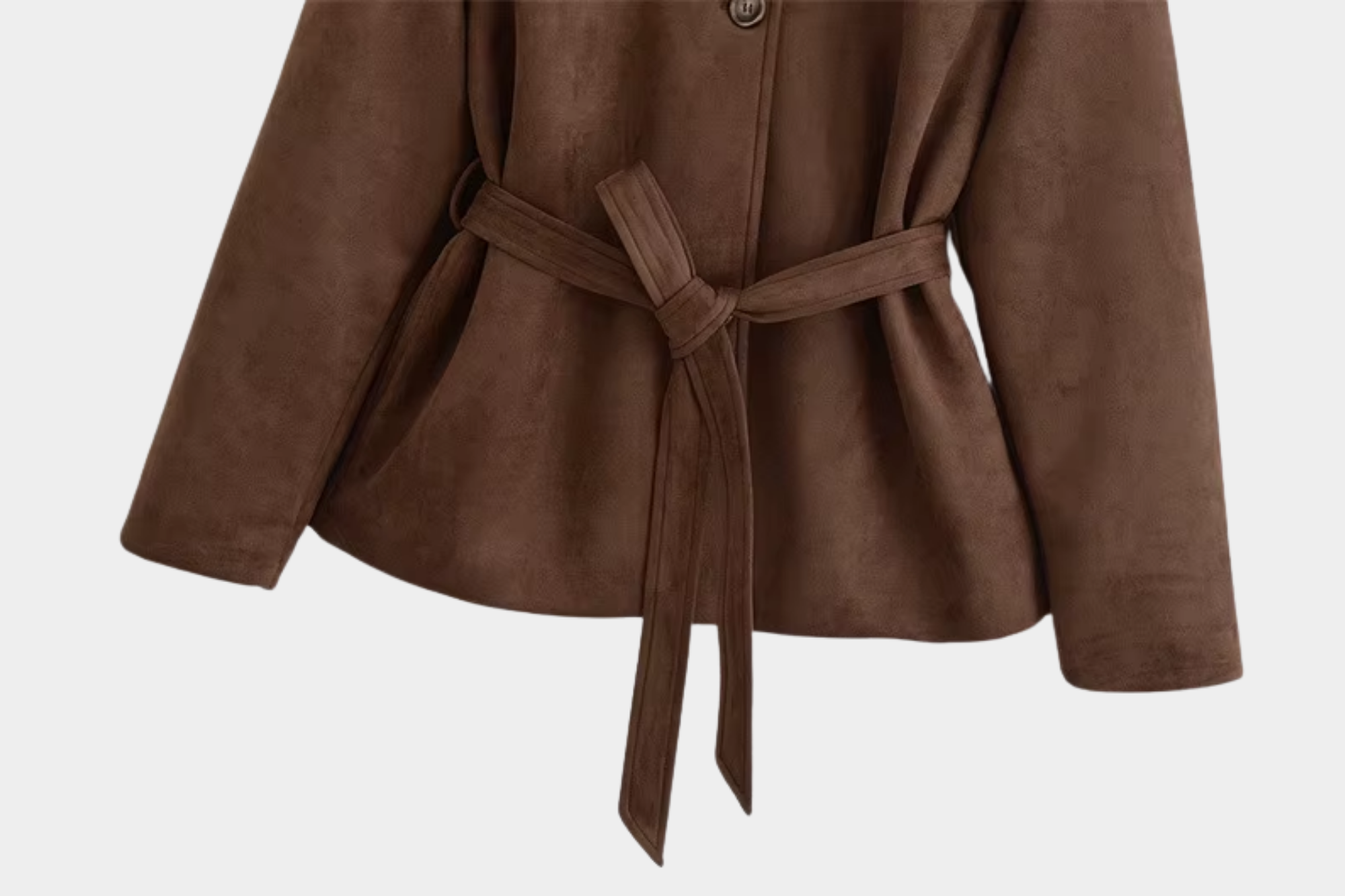 Women's Dark Brown Suede Belted Jacket – Button-Down Waist Tie Design