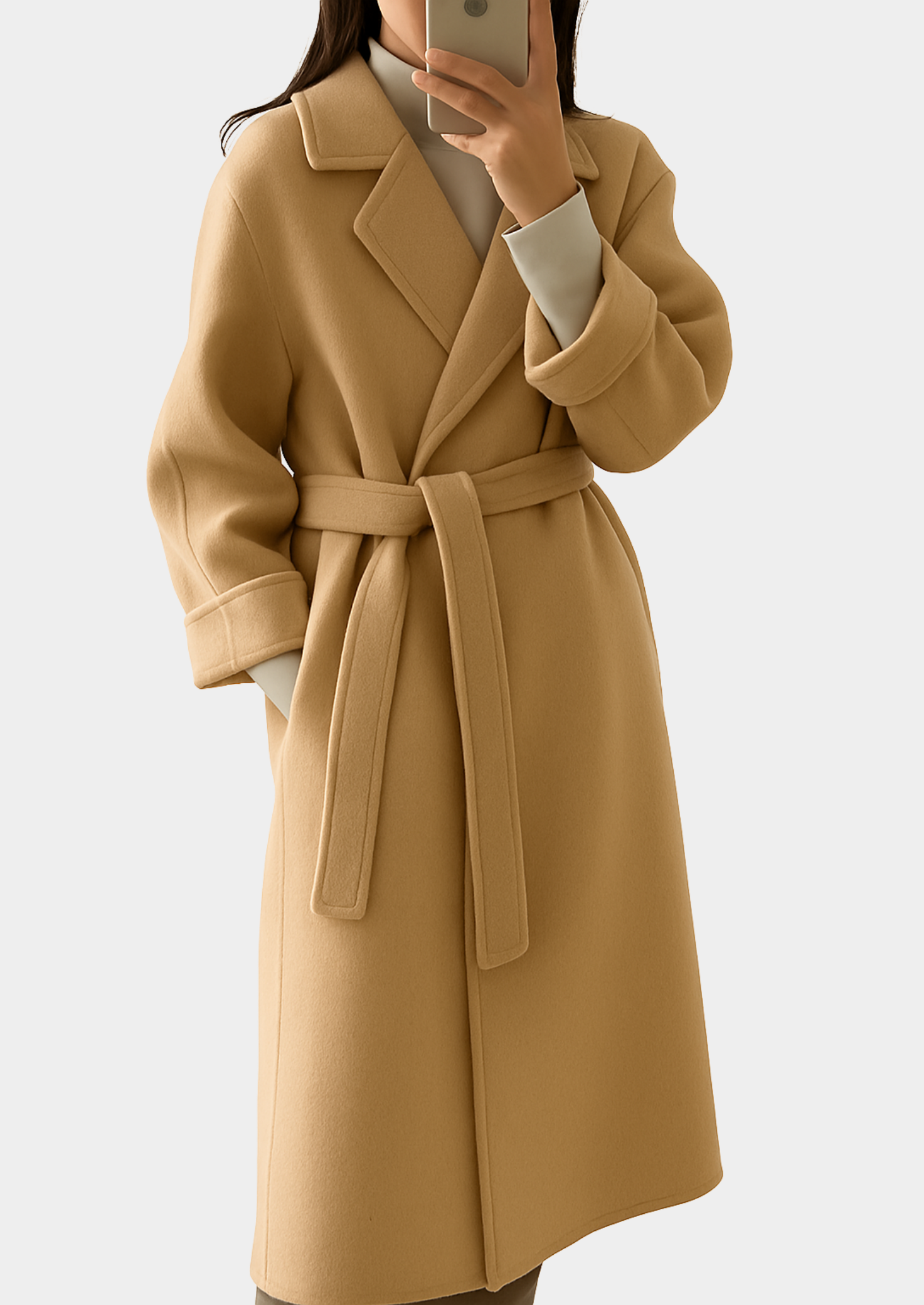 Women's Long Wool-Blend Coat with Belt