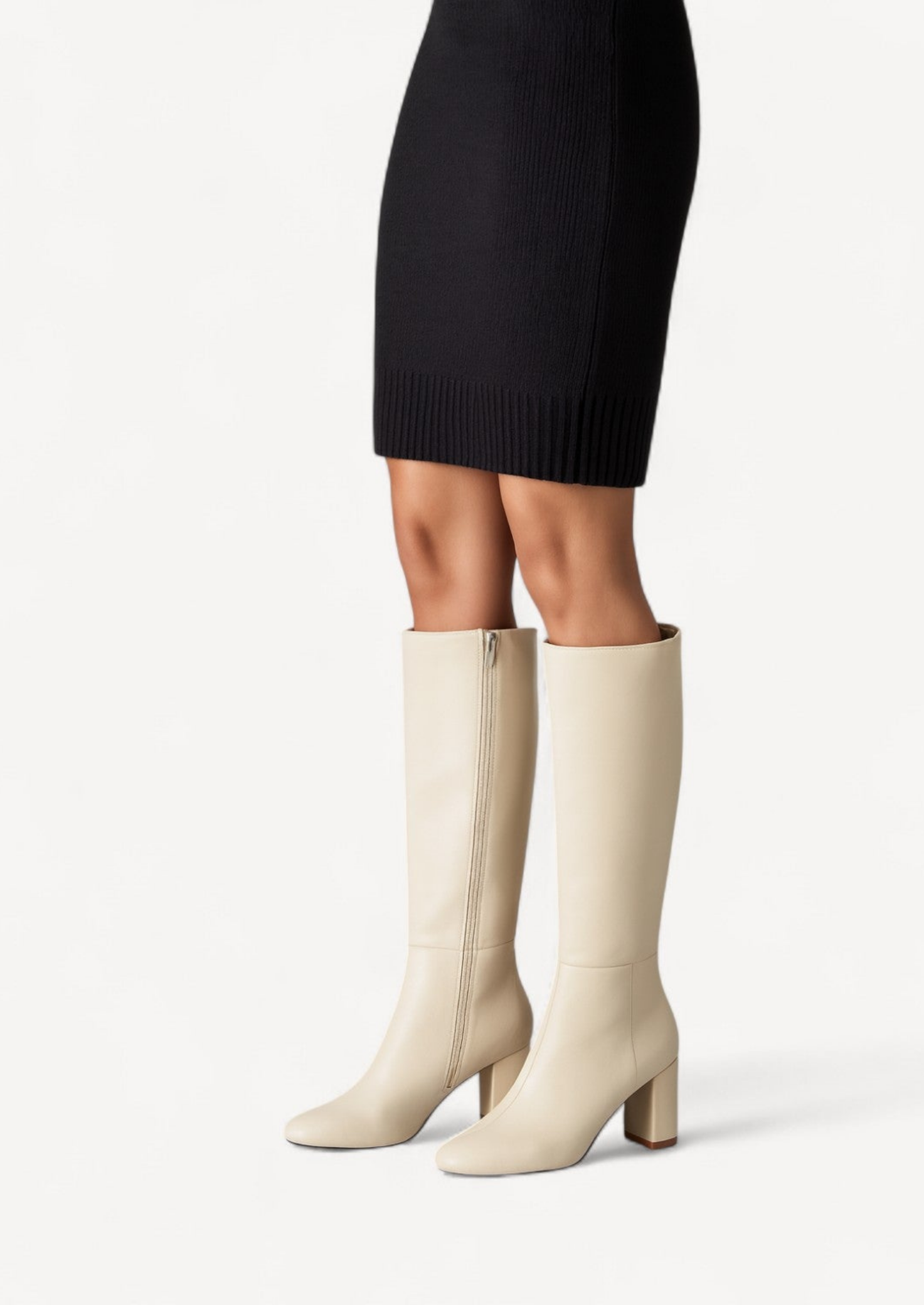 Women's Knee-High Leather Boots – Block Heel, Side-Zip Design