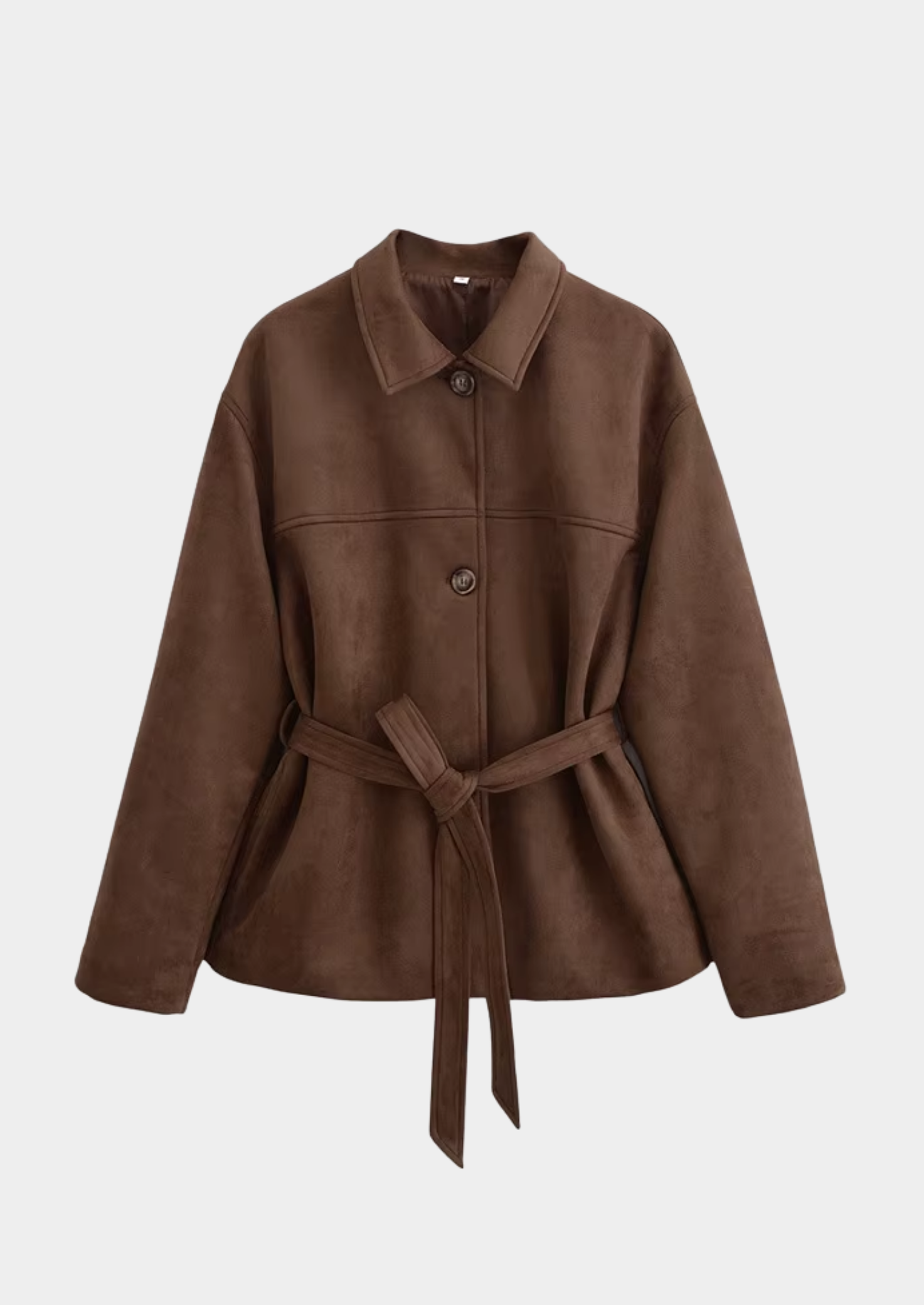 Women's Dark Brown Suede Belted Jacket – Button-Down Waist Tie Design
