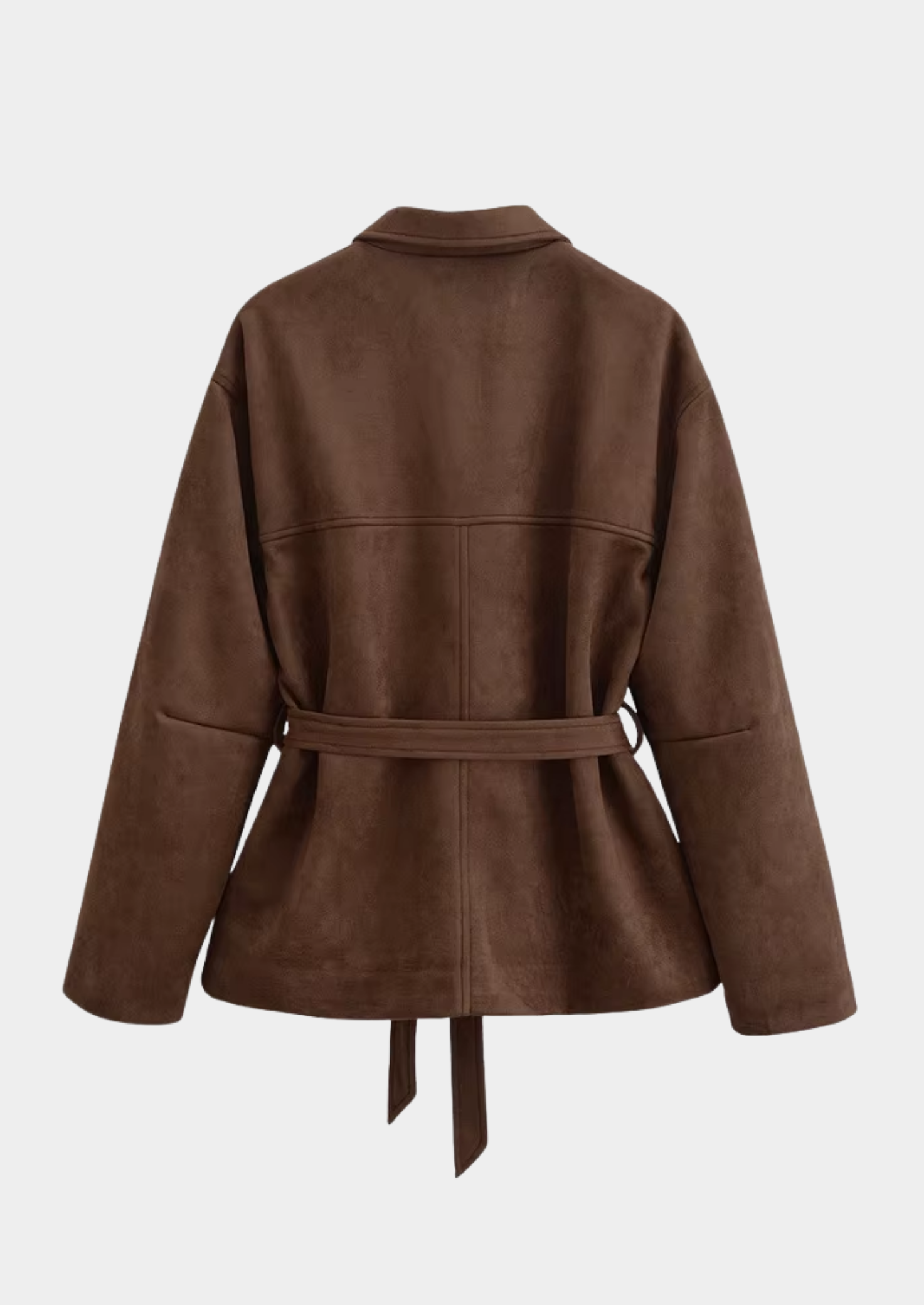 Women's Dark Brown Suede Belted Jacket – Button-Down Waist Tie Design